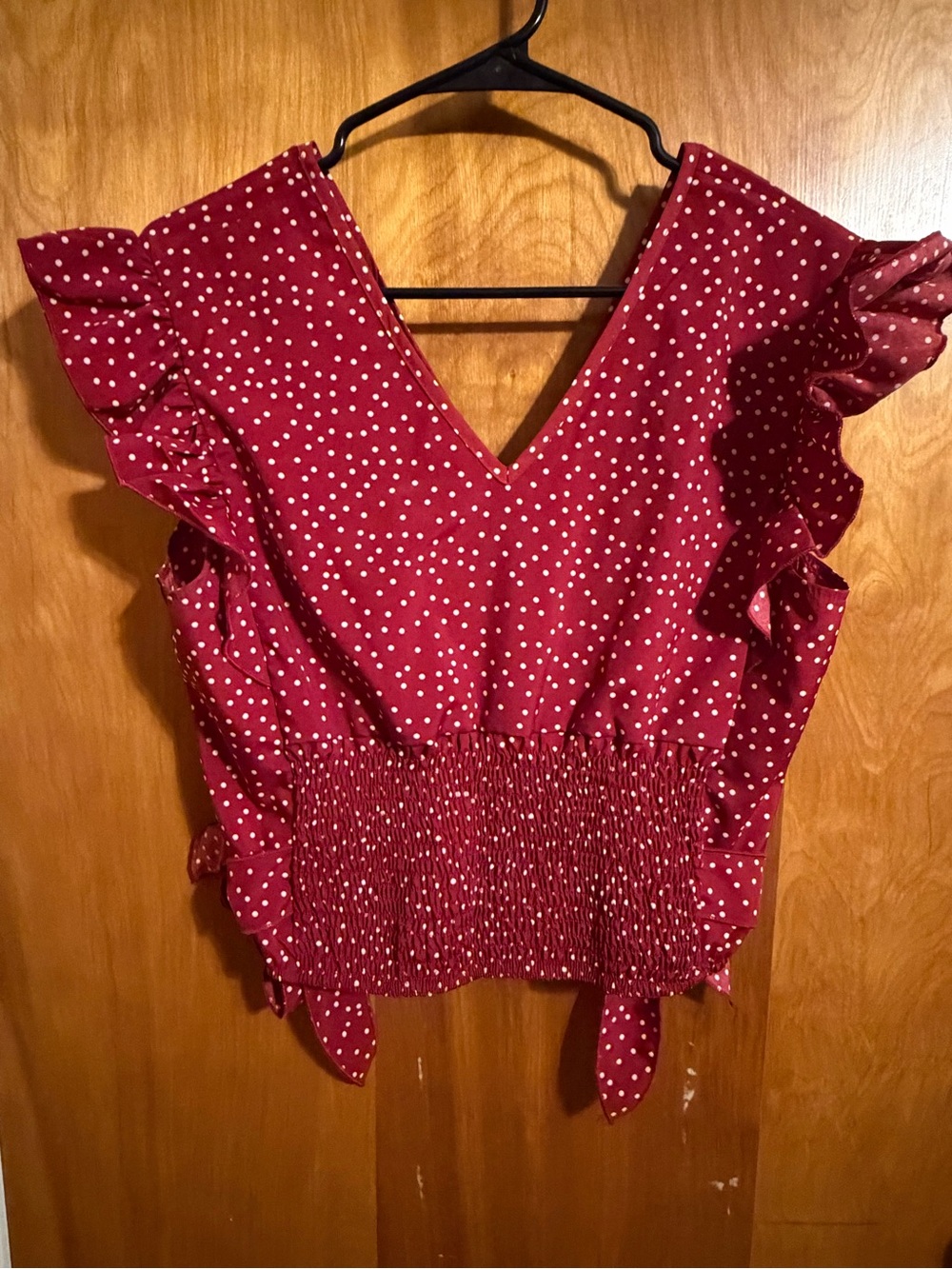 Women’s Red Polka Dot Ruffle V-Neck Top
